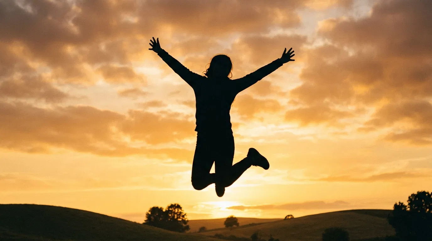 Anonymous silhouette person jumping against golden sunset - active lifestyle and energy