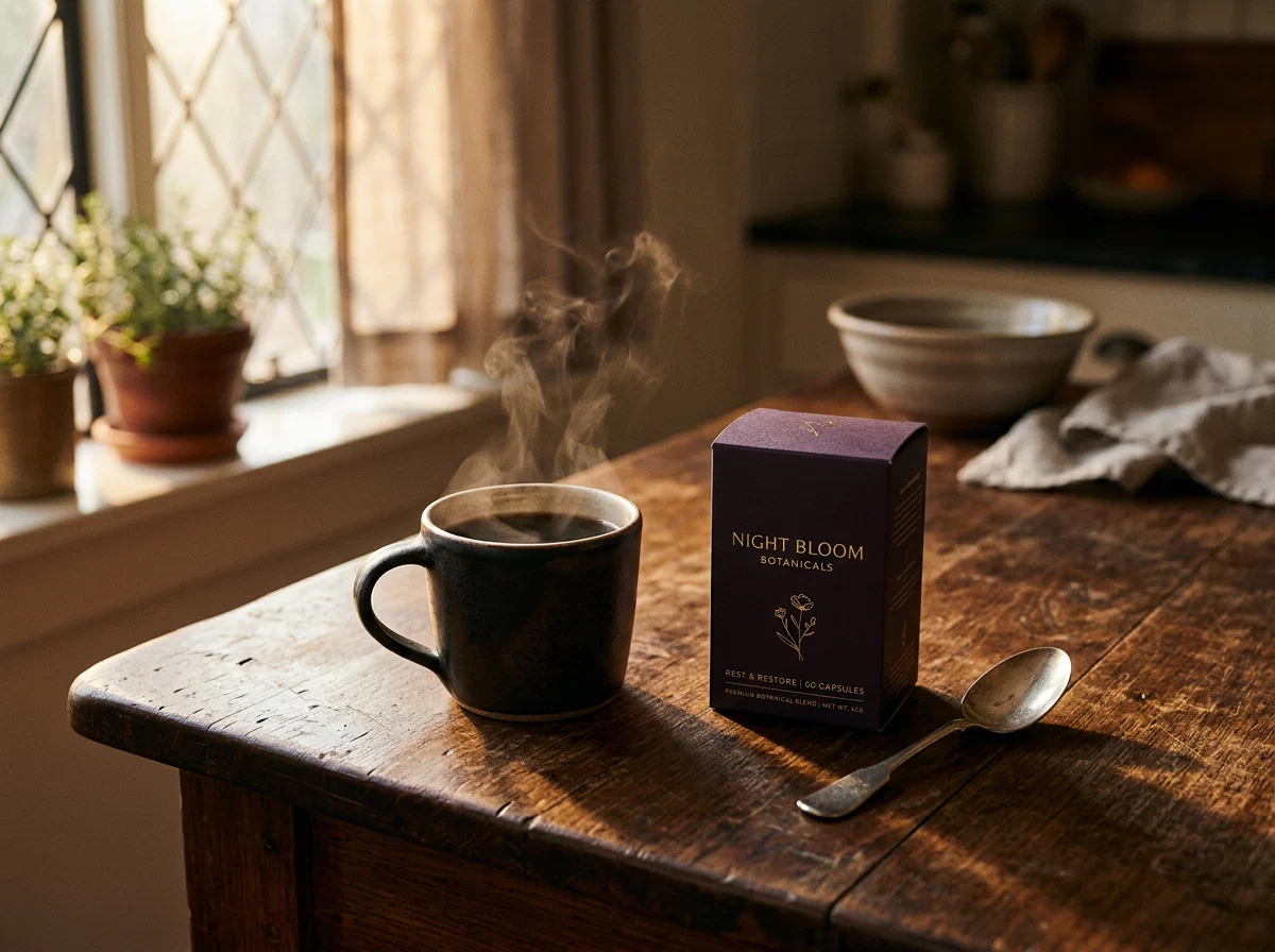 Morning coffee mug and supplement box on wooden table - daily routine for metabolism support